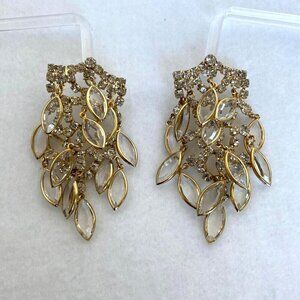 VTG Gold Tone Bezel Set Open Back Navette Crystal Rhinestone Waterfall Earrings